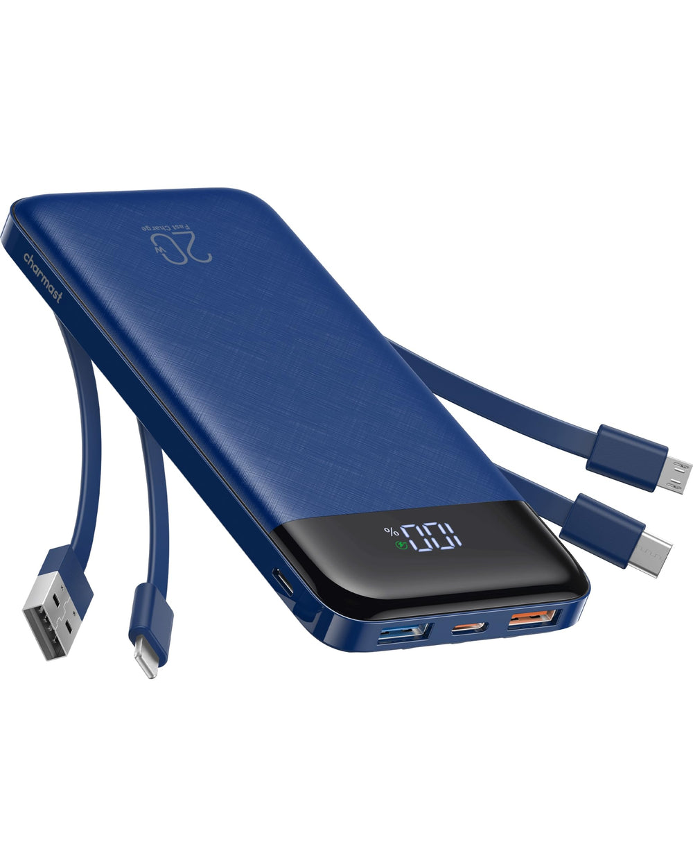 charmast vista frontal del power bank mostrando diseño compacto y portabilidad