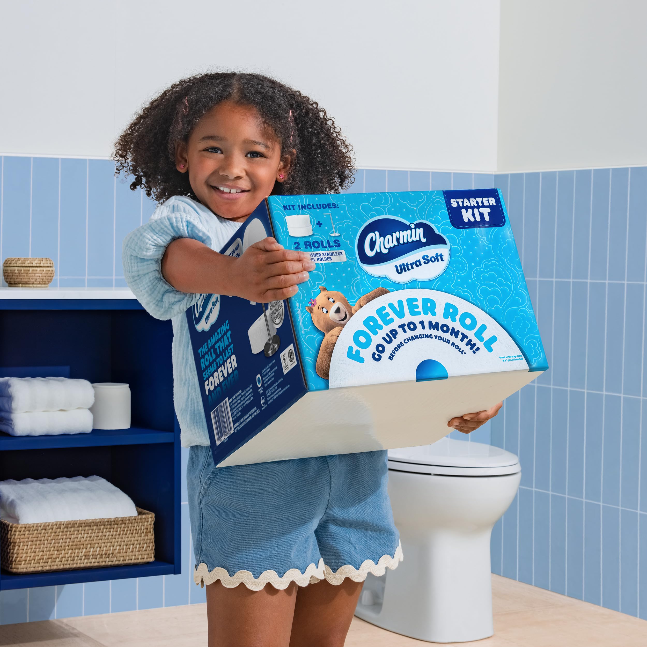Charmin etiqueta con información Forever Roll y equivalencia útil