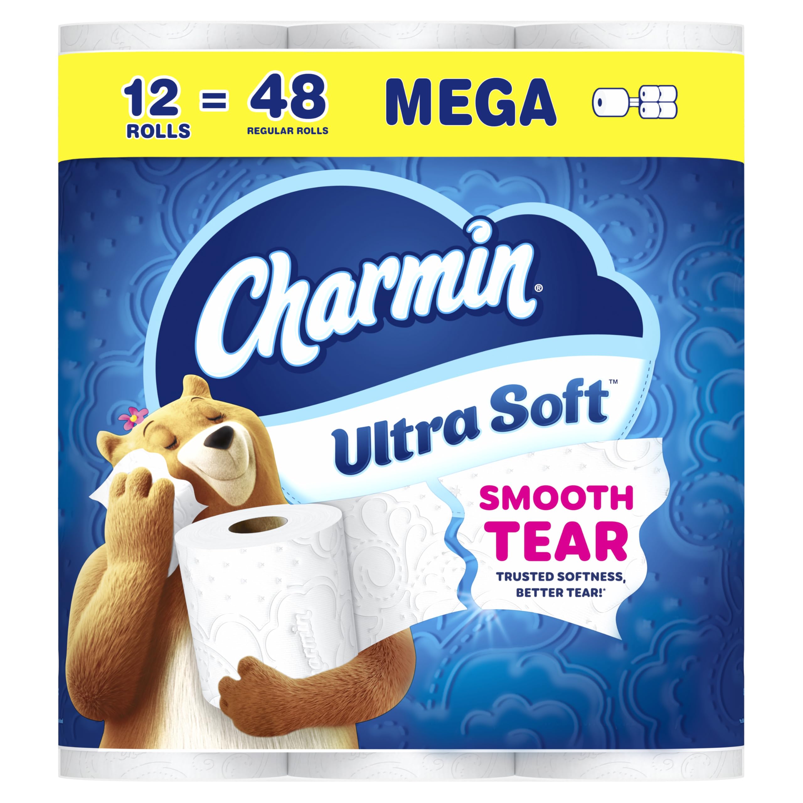 Charmin paquete frontal mostrando 12 mega rollos y ahorro