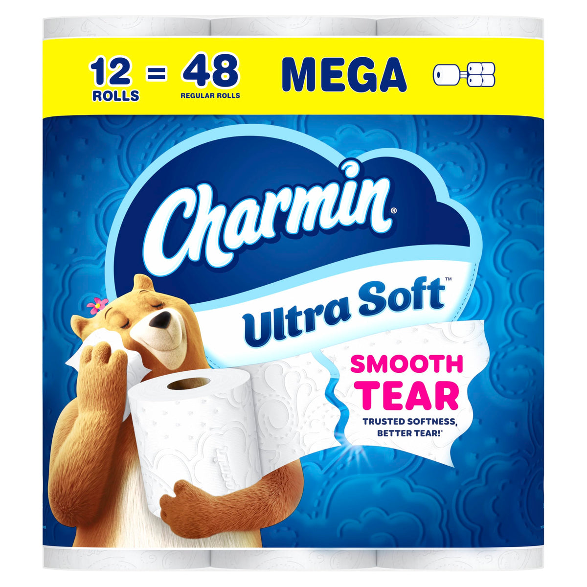 Charmin paquete frontal mostrando 12 mega rollos y ahorro