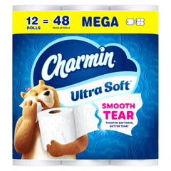 Charmin paquete frontal mostrando 12 mega rollos y ahorro
