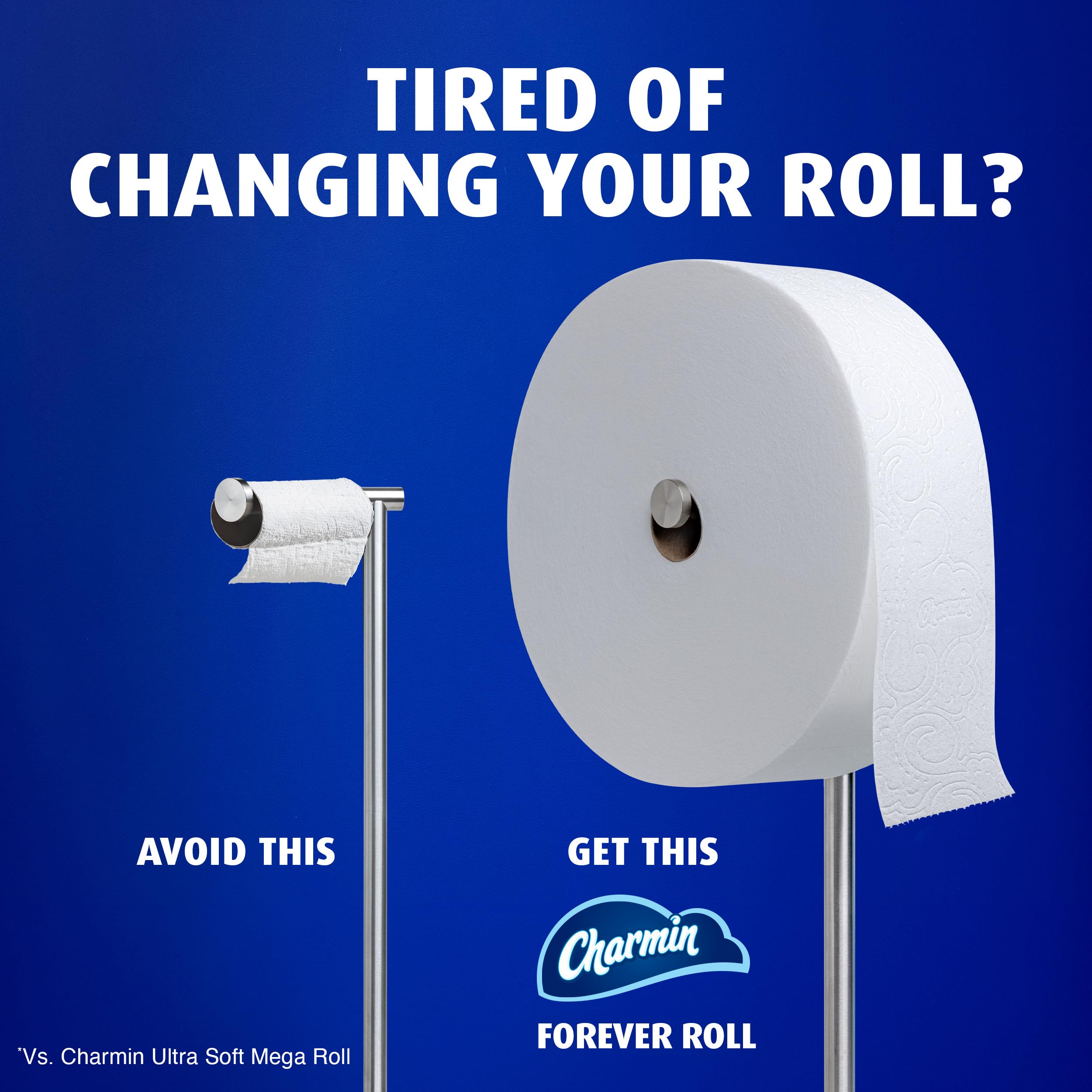 Charmin comparación de tamaño de Forever Roll frente a rollo regular mostrando ahorro