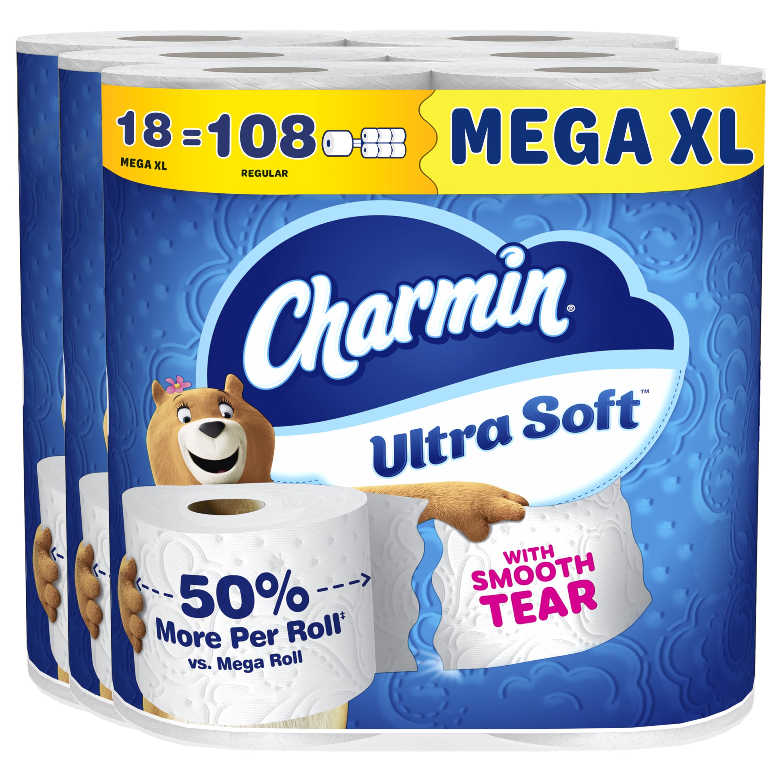 Charmin paquete frontal mostrando 18 Mega XL para menos reposición