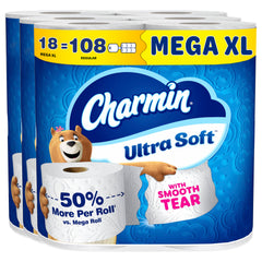 Charmin paquete frontal mostrando 18 Mega XL para menos reposición