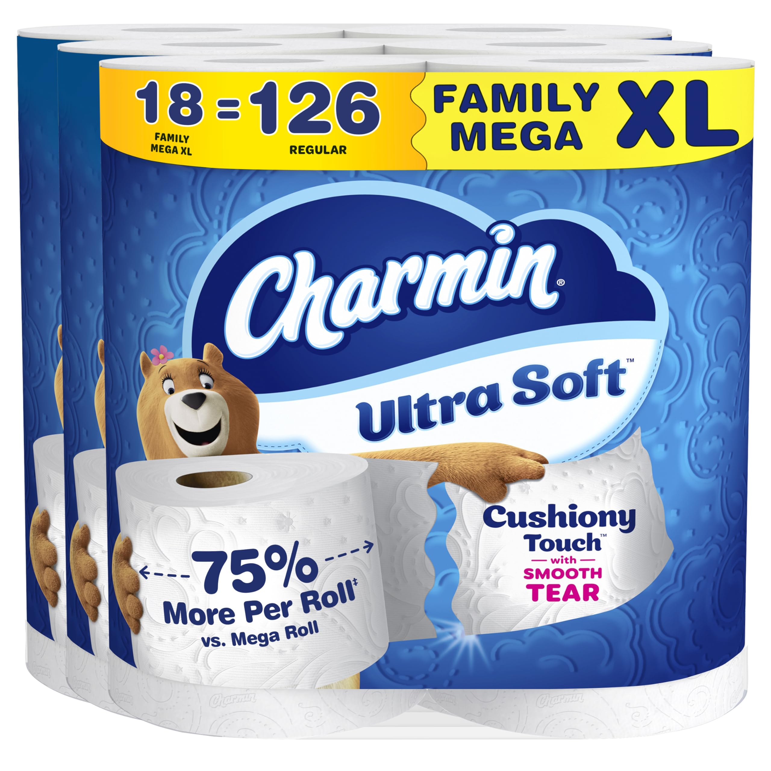 Charmin Ultra Soft paquete frontal mostrando valor familiar y suavidad