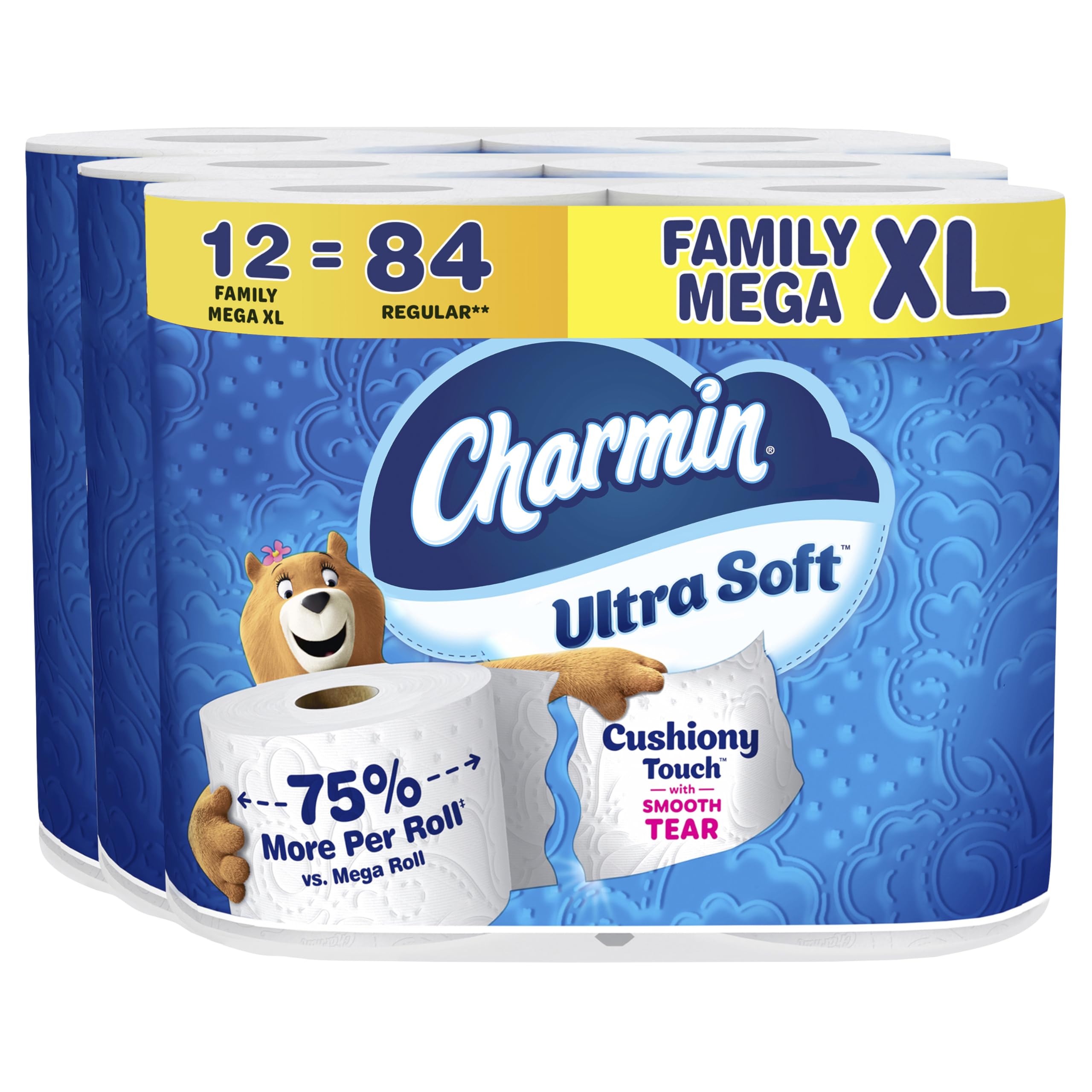 Charmin empaque frontal mostrando 12 Family Mega XL rolls y ahorro