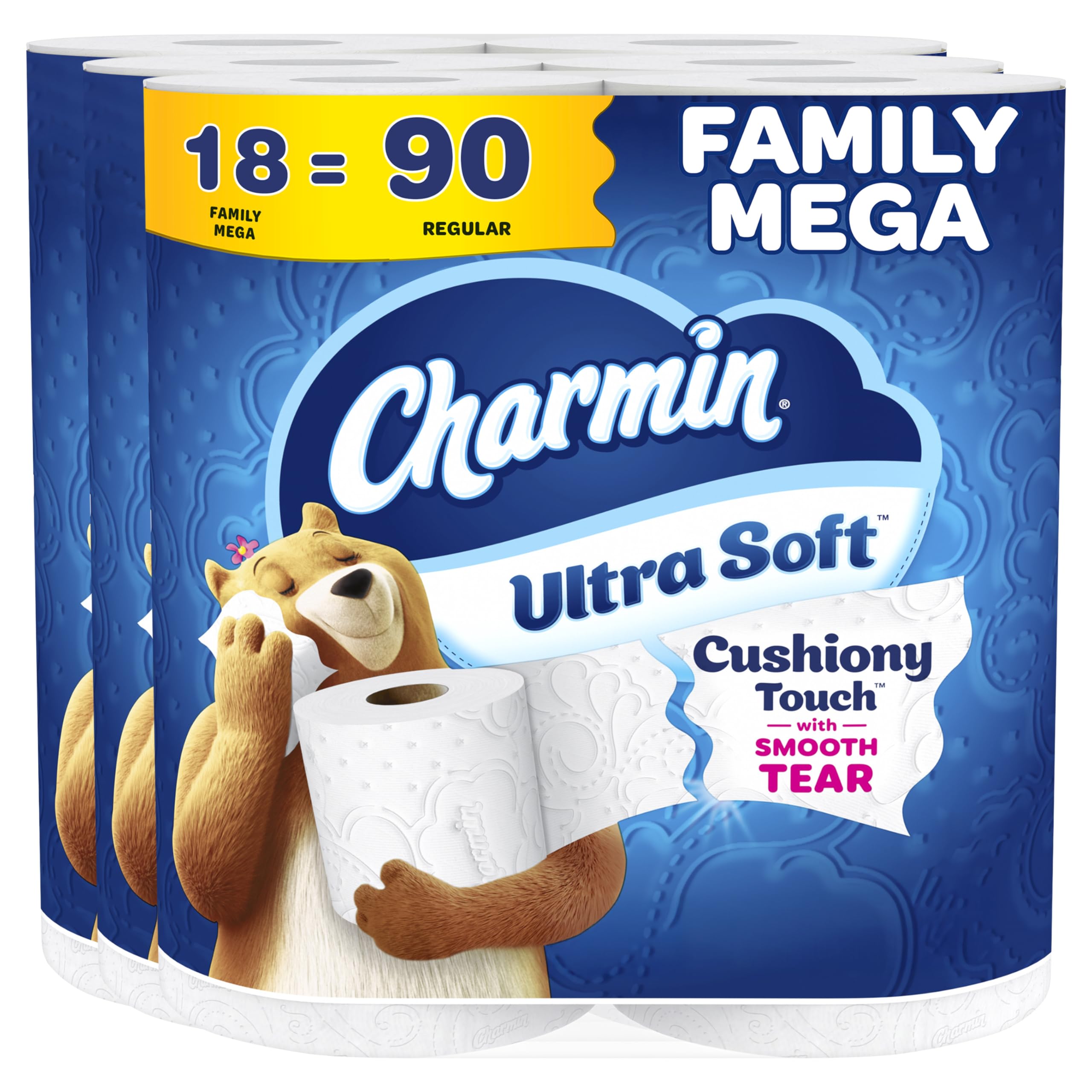 Charmin paquete frontal mostrando 18 Family Mega Rolls y conveniencia