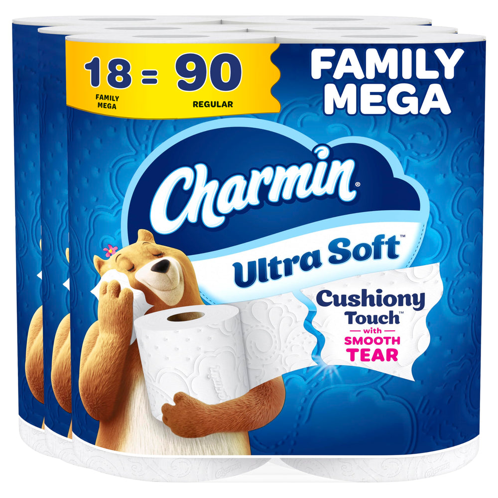 Charmin paquete frontal mostrando 18 Family Mega Rolls y conveniencia