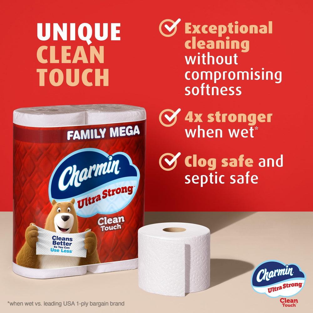 Charmin rollo en primer plano con enfoque en robustez al tacto