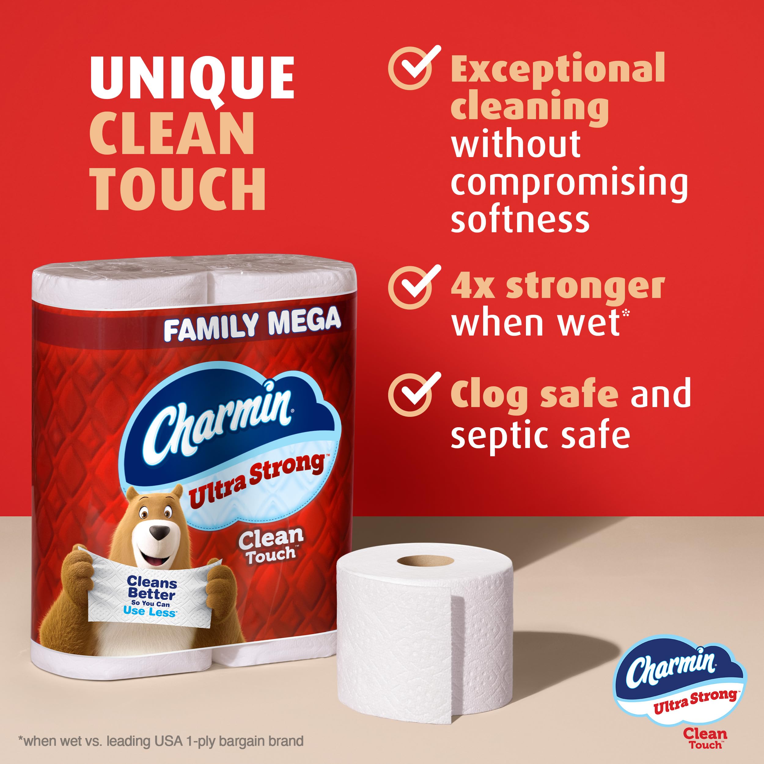 Charmin rollo primer plano texturizado que muestra durabilidad húmeda