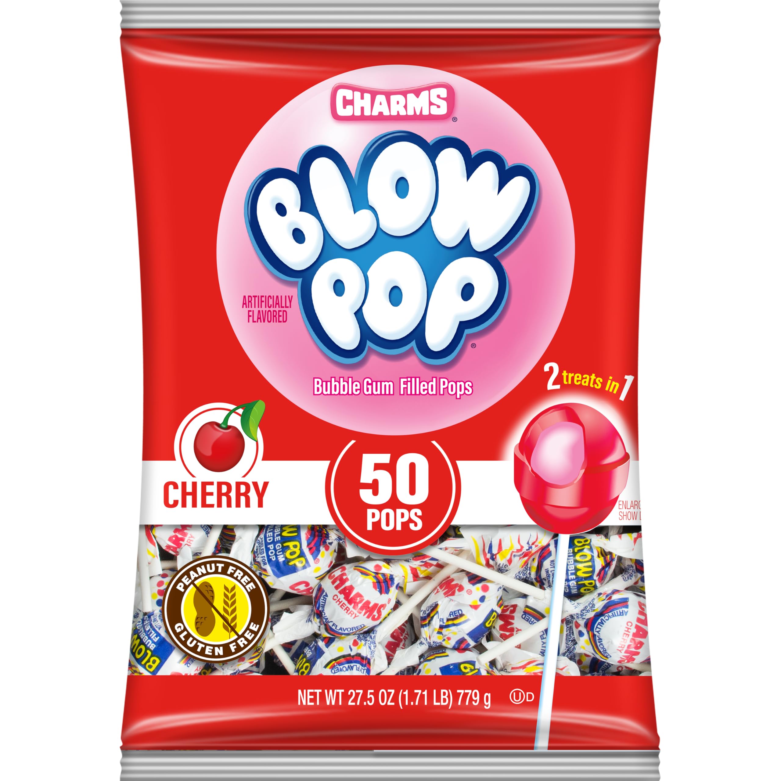 Charms bolsa frontal mostrando 50 Blow Pops, ideal para fiestas