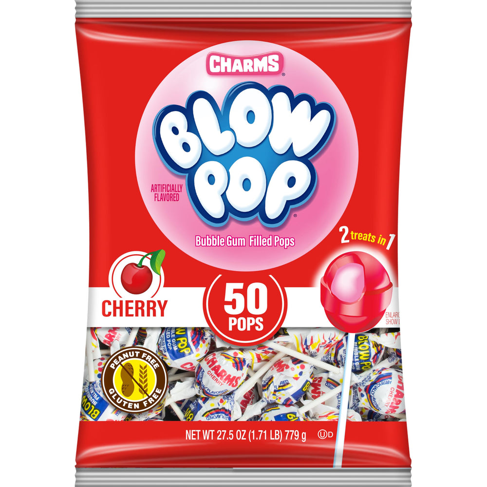 Charms bolsa frontal mostrando 50 Blow Pops, ideal para fiestas