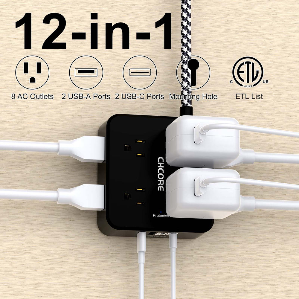 CHCORE detalle de puertos USB y USB-C mostrando carga rápida y orden