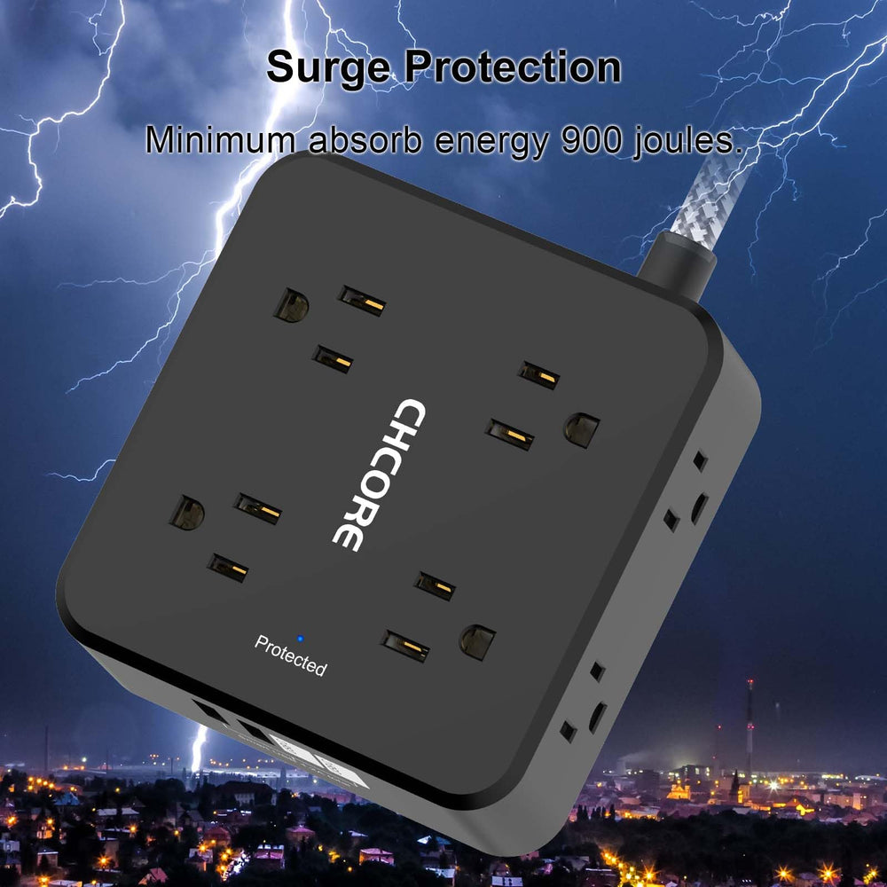 CHCORE regleta en una oficina cargando laptop, teléfono y accesorios