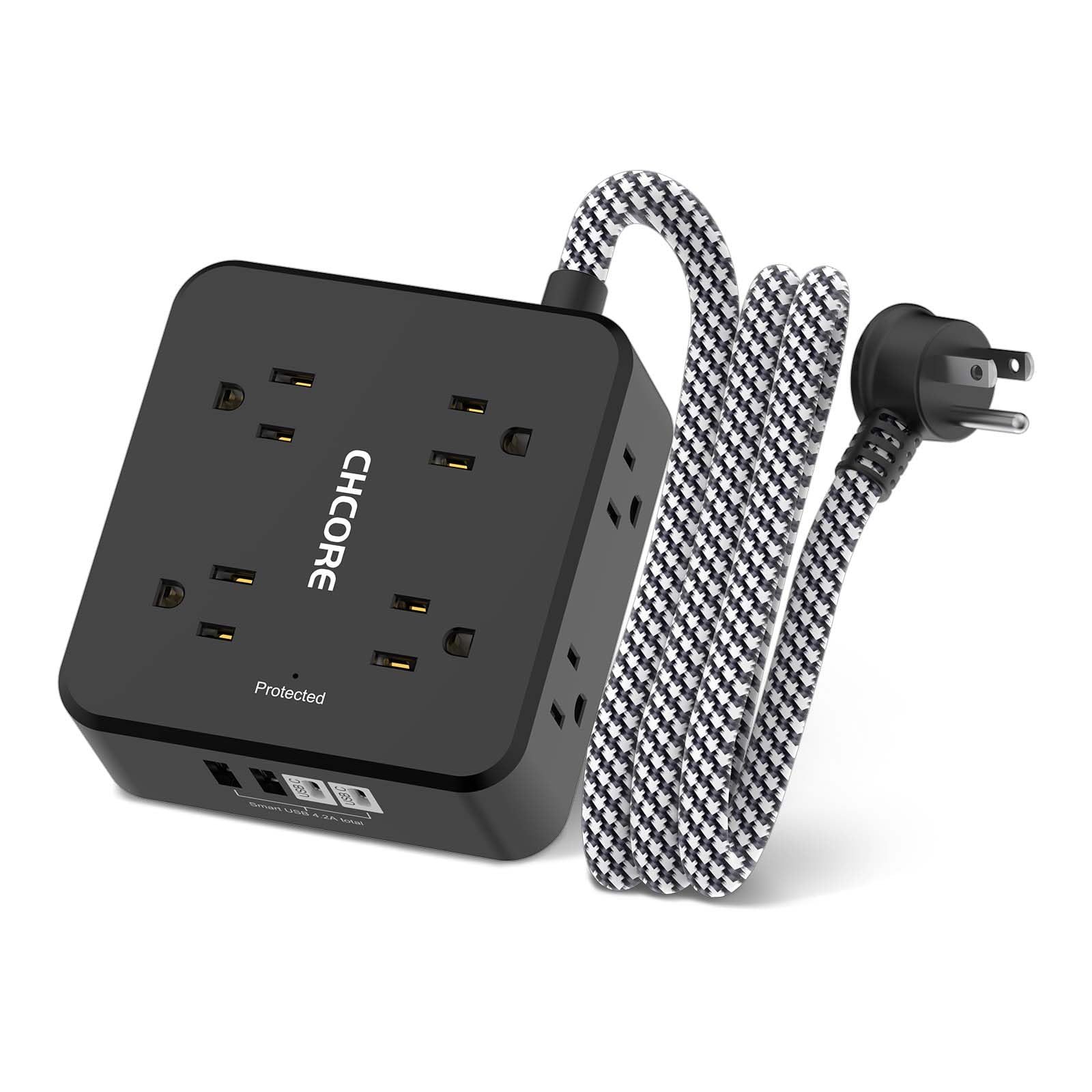 CHCORE vista frontal con 8 enchufes y 4 puertos USB para múltiples dispositivos