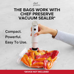 Chef Preserve bolsa en mano para comparar tamaño y facil manejo