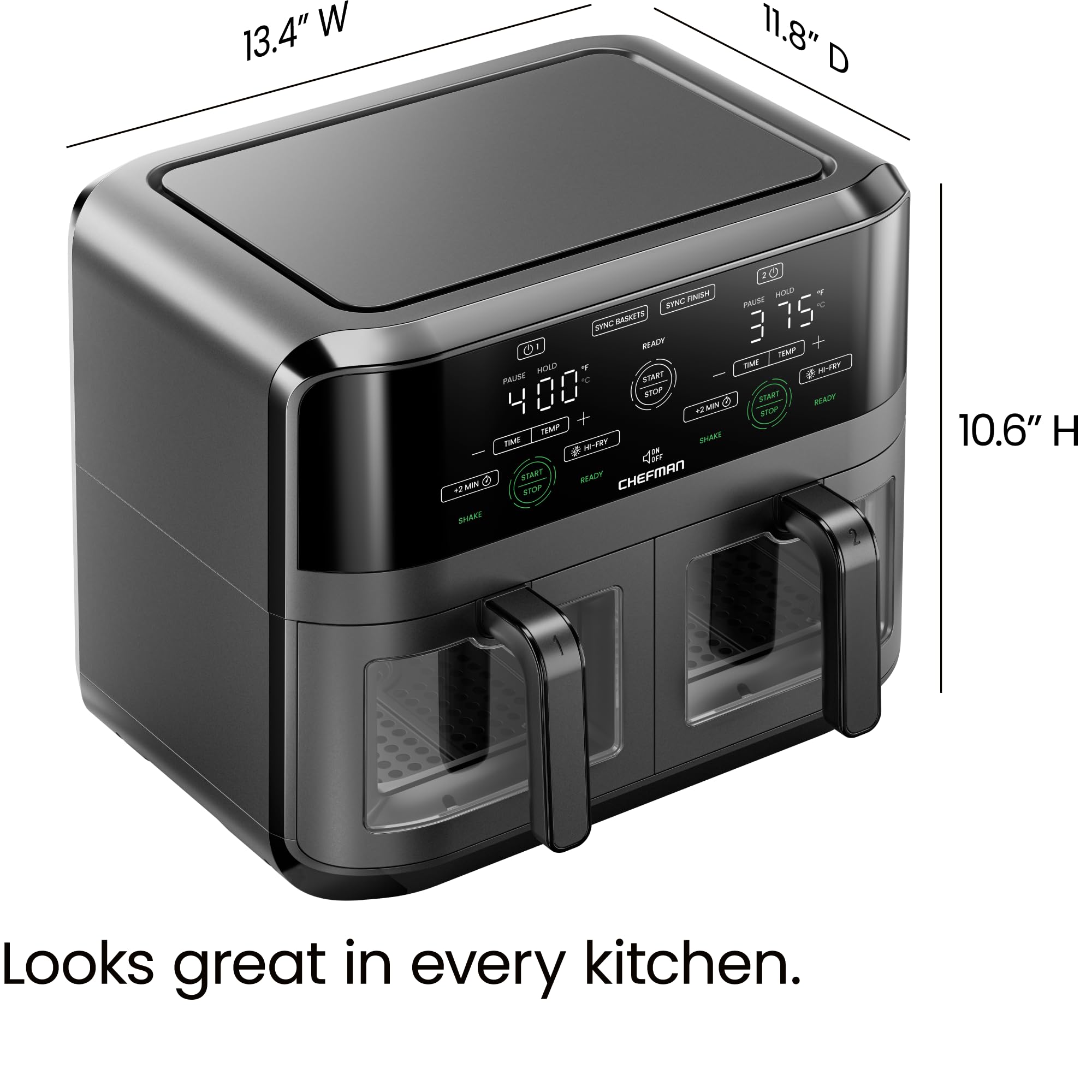 Chefman acabado negro elegante sobre encimera moderna, integra estilo y utilidad