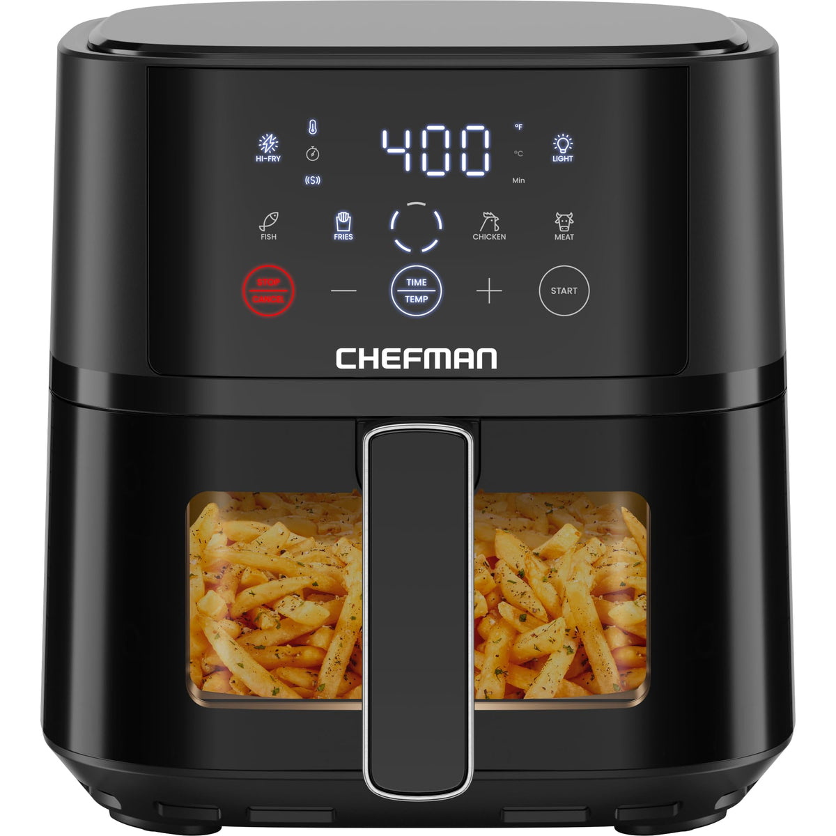 Chefman freidora frontal mostrando diseño compacto y ahorro de espacio