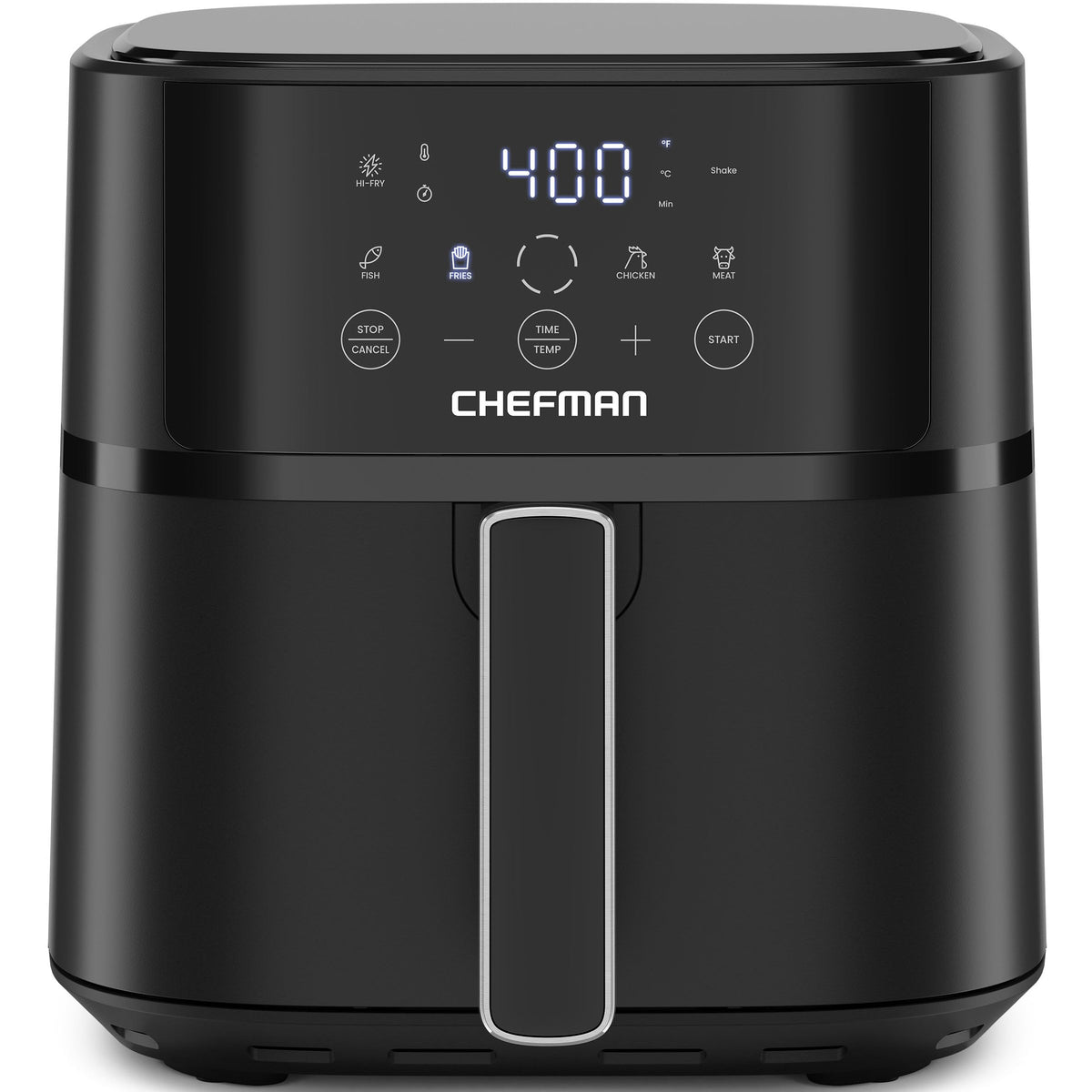 Chefman freidora de aire 6 QT vista frontal elegante y compacta, ahorro de espacio