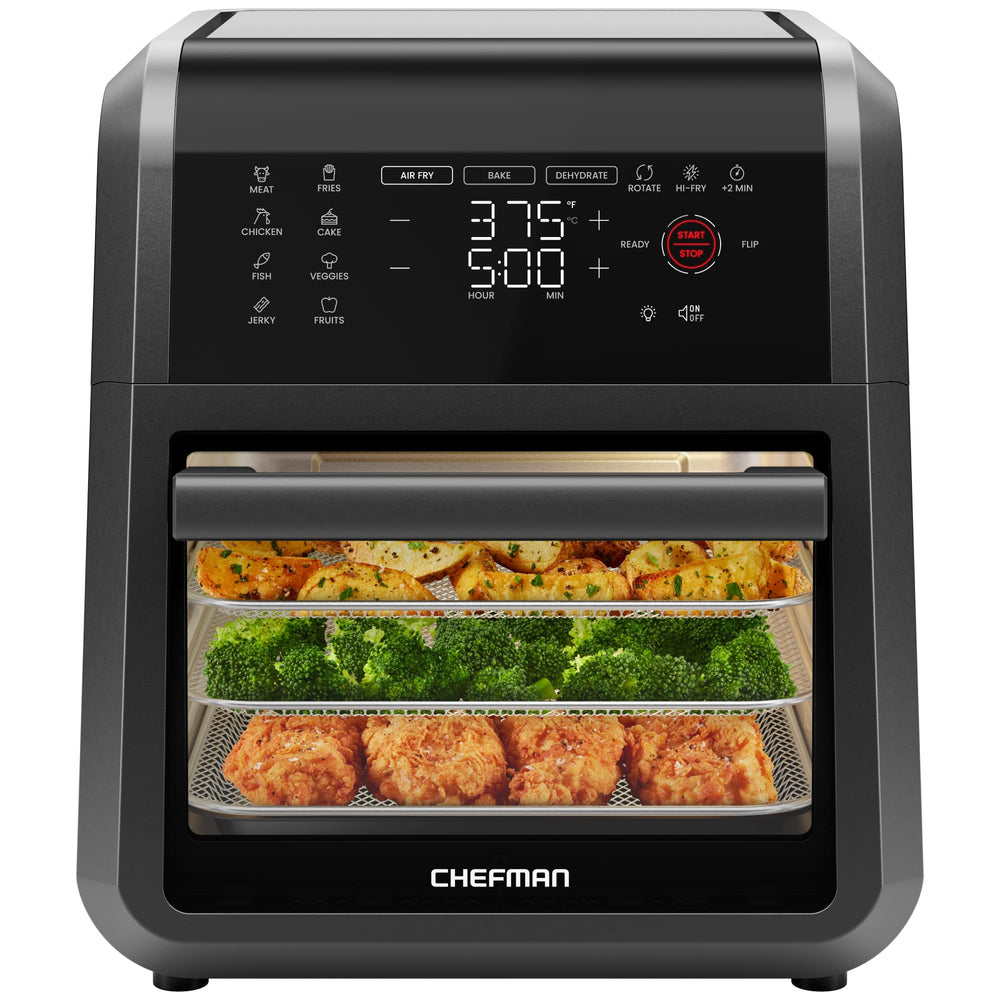 Chefman frente del horno aire mostrando diseño compacto y ahorro de espacio