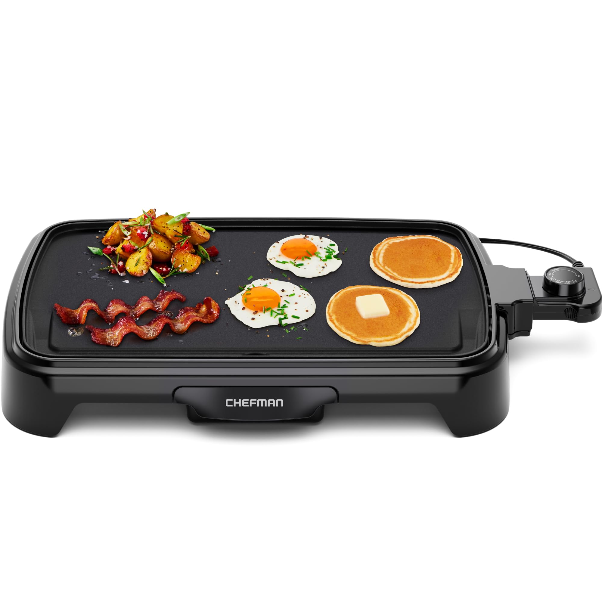 Chefman plancha frontal mostrando diseño compacto y superficie antiadherente para cocción eficiente