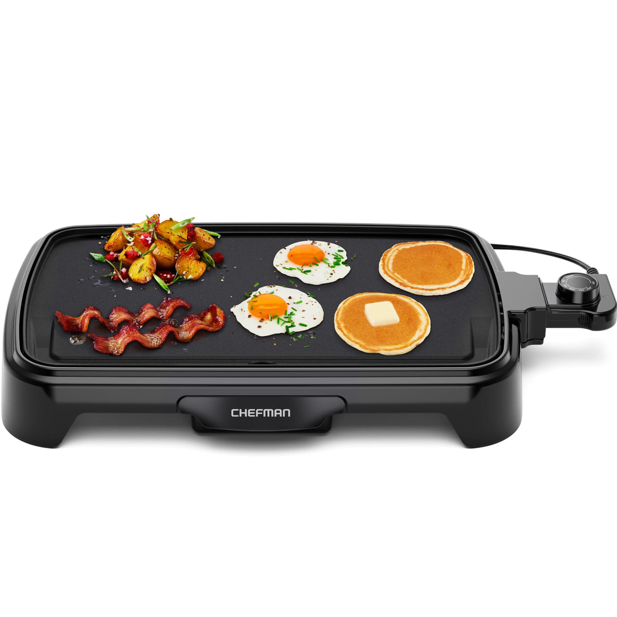 Chefman plancha frontal mostrando diseño compacto y superficie antiadherente para cocción eficiente