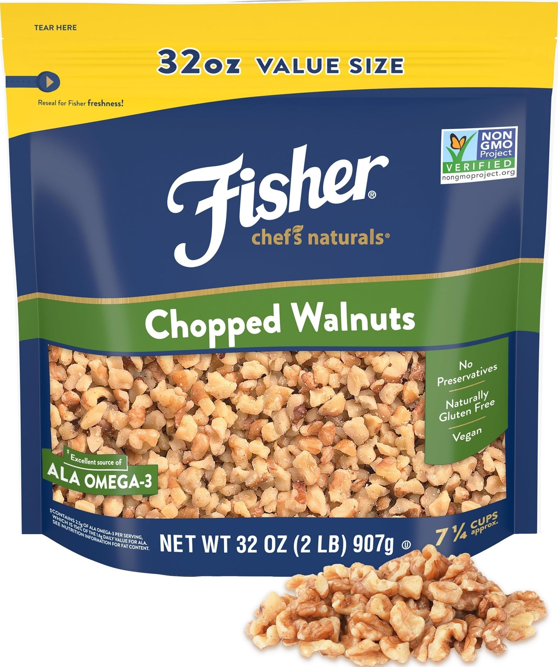CHEF'S NATURALS frente del paquete con nueces picadas, conveniencia inmediata