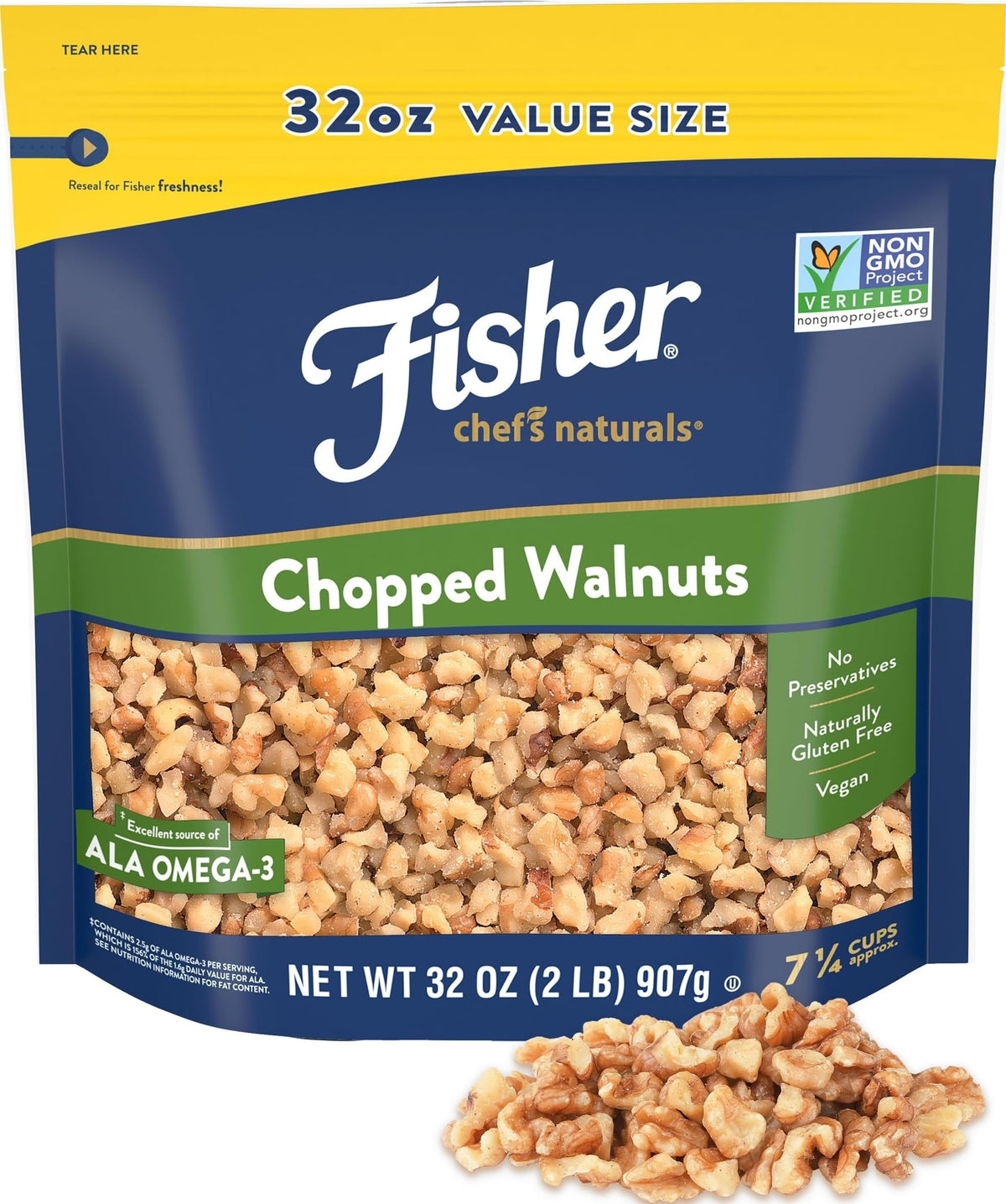 CHEF'S NATURALS frente del paquete con nueces picadas, conveniencia inmediata