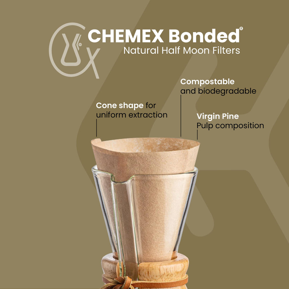 Chemex filtro medio pliegue mostrando la forma half moon para ajuste perfecto