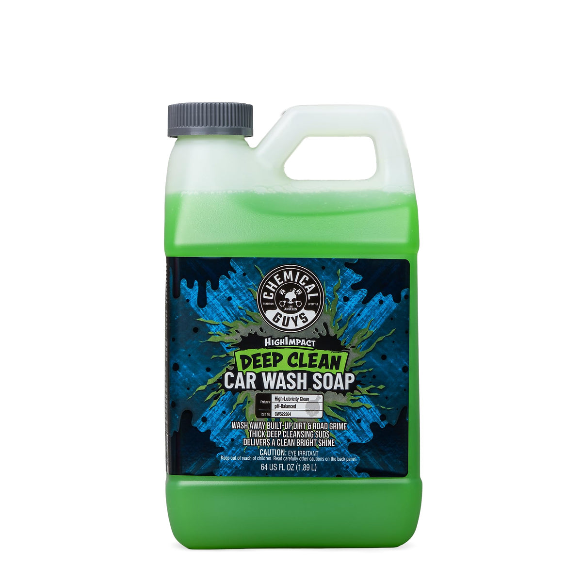 Chemical Guys botella frontal 64 oz mostrando etiqueta y beneficio de limpieza profunda
