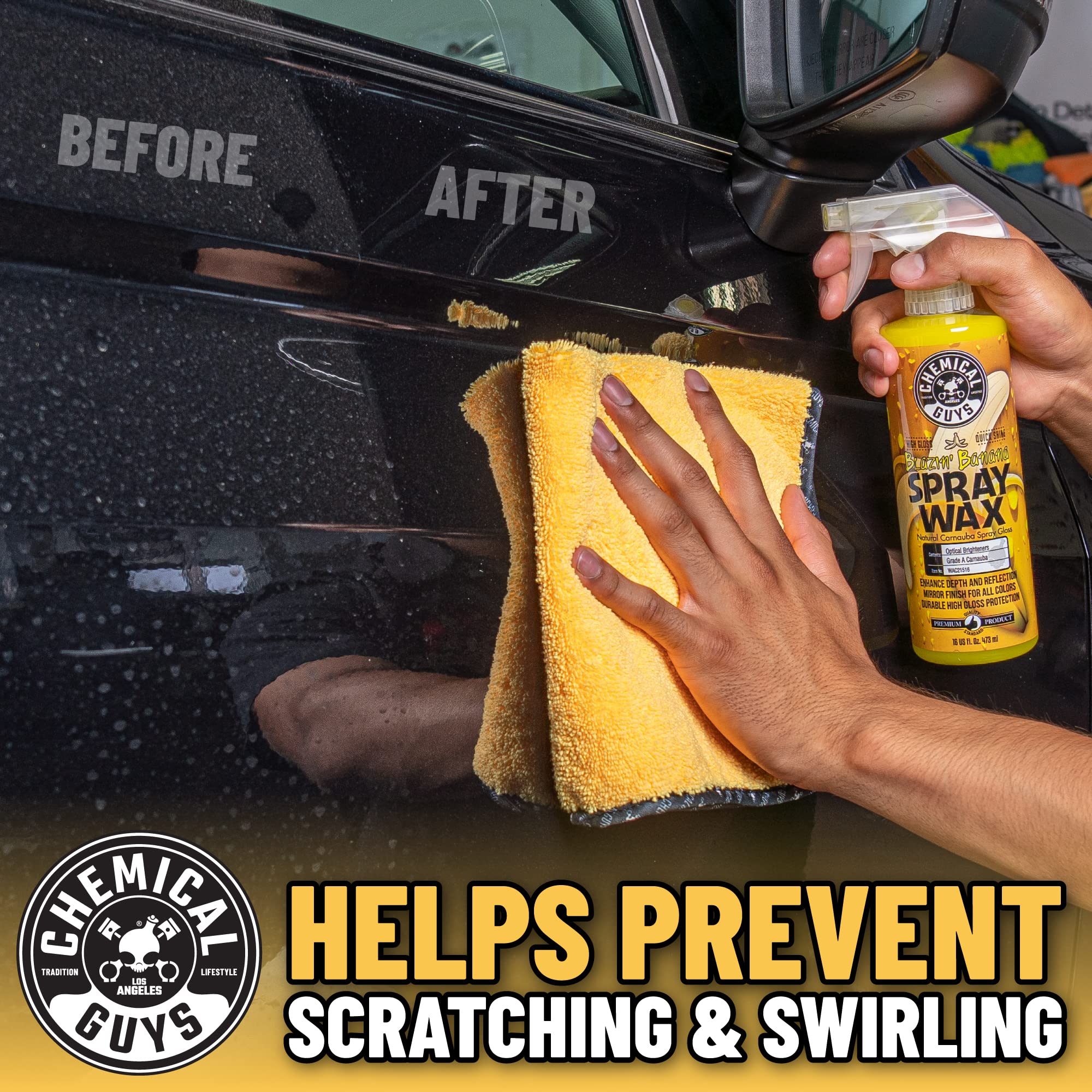 Chemical Guys comparación de tamaño junto a una rueda para escala