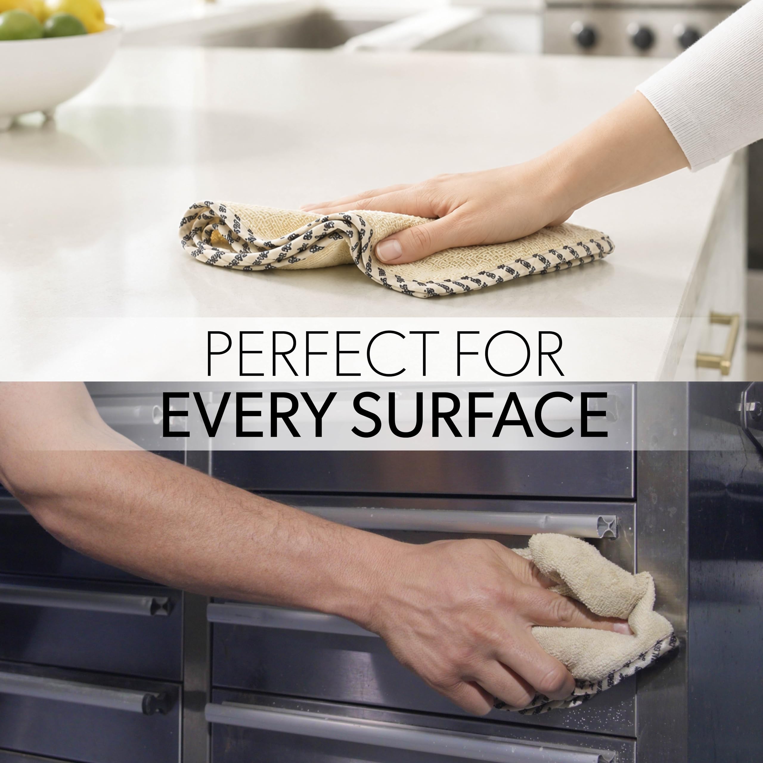 Chemical Guys towel cleaning kitchen counter offering lint-free glass and surface care