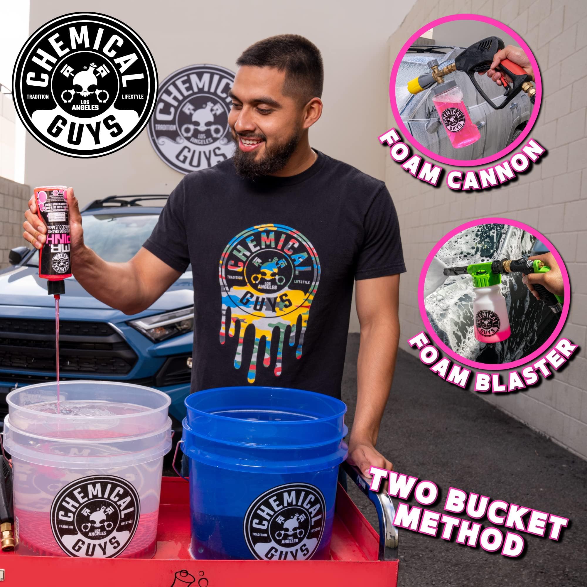 Chemical Guys Mr. Pink botella junto a una regla para comparar tamaño