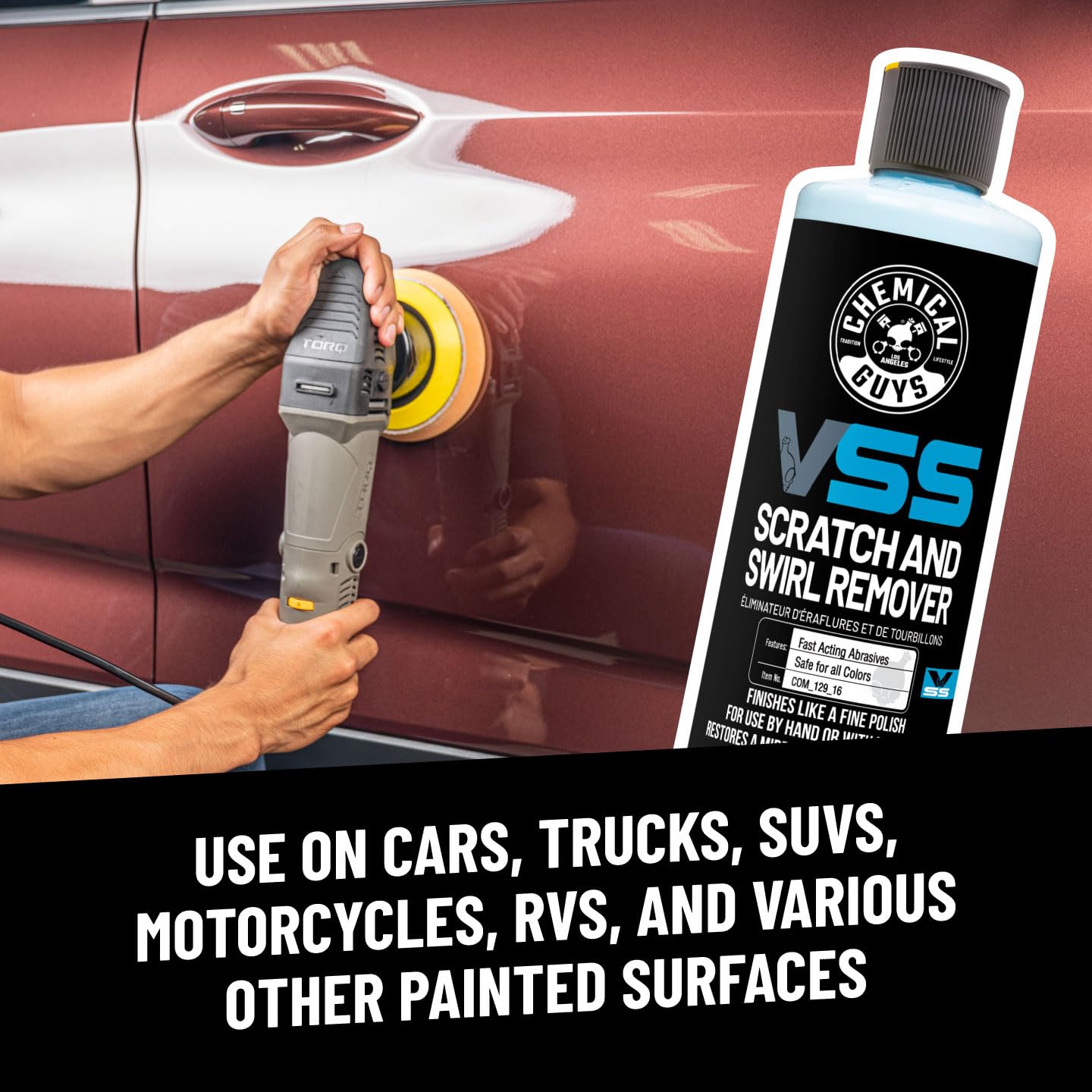 Chemical Guys VSS etiqueta con instrucciones y compatibilidad de pintura