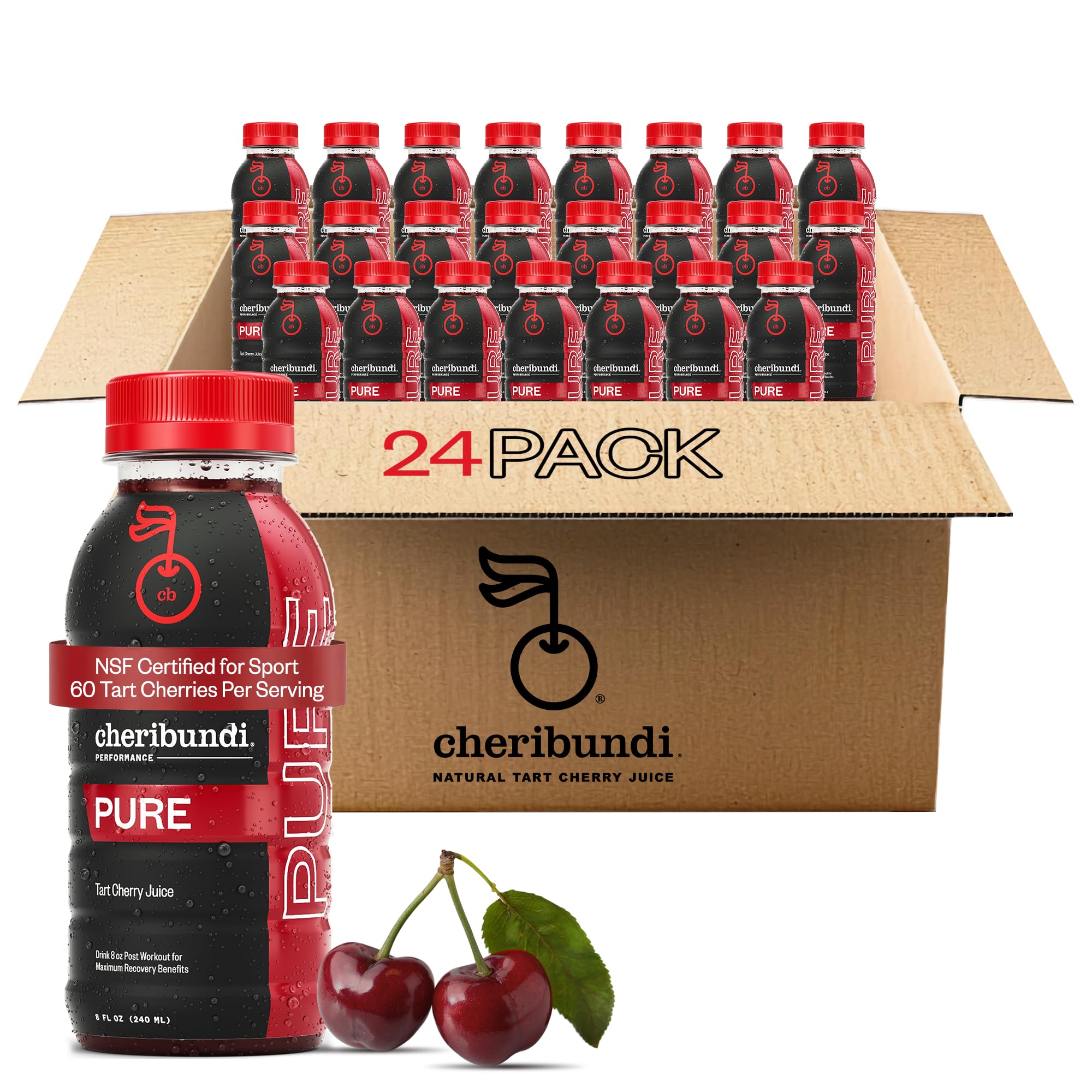 Cheribundi frontal pack de 24 botellas mostrando presentación práctica y beneficios