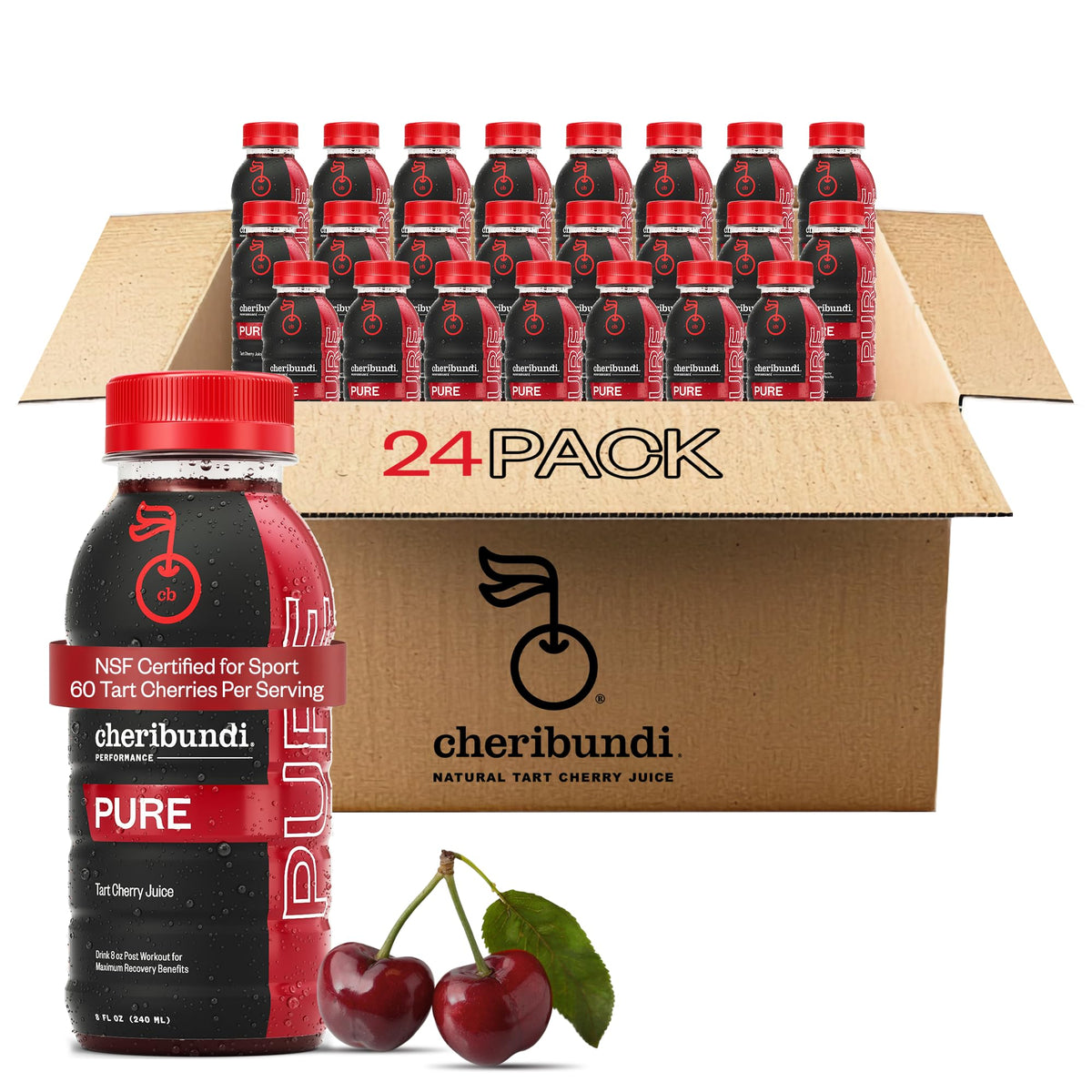 Cheribundi frontal pack de 24 botellas mostrando presentación práctica y beneficios