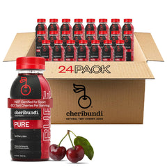 Cheribundi frontal pack de 24 botellas mostrando presentación práctica y beneficios