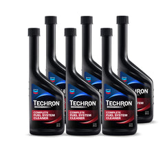 Chevron Techron frasco frontal mostrando etiqueta y uso para limpiar sistema de combustible