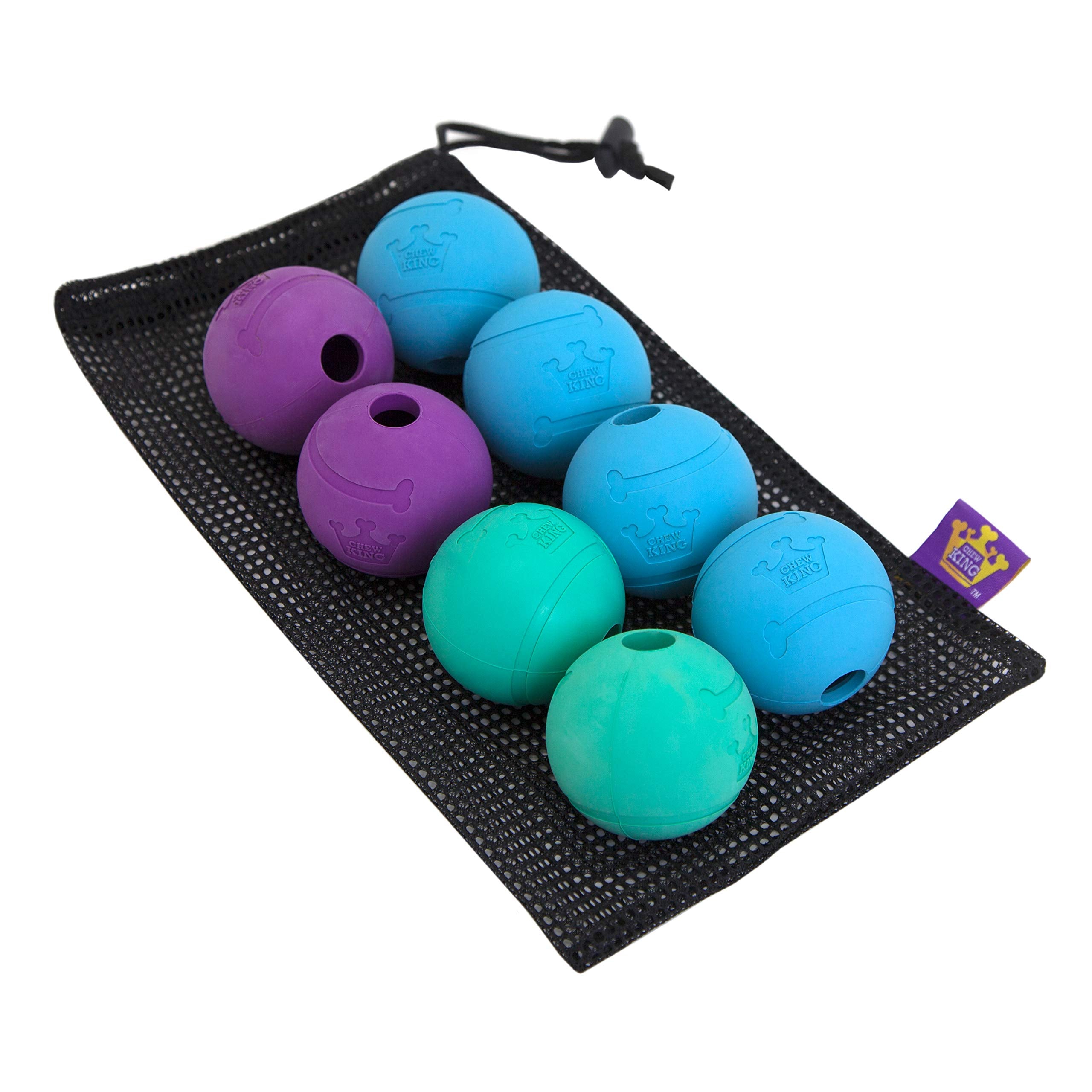 Chew King empaque delantero mostrando pack de 8 pelotas, durable y llamativo