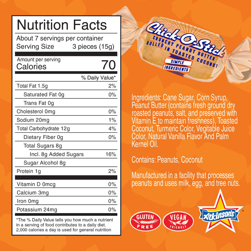 Chick o stick etiqueta con certificaciones kosher e ingredientes naturales visibles