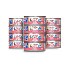 Chicken of the Sea front packaging showing 12-count salmon cans and convenience