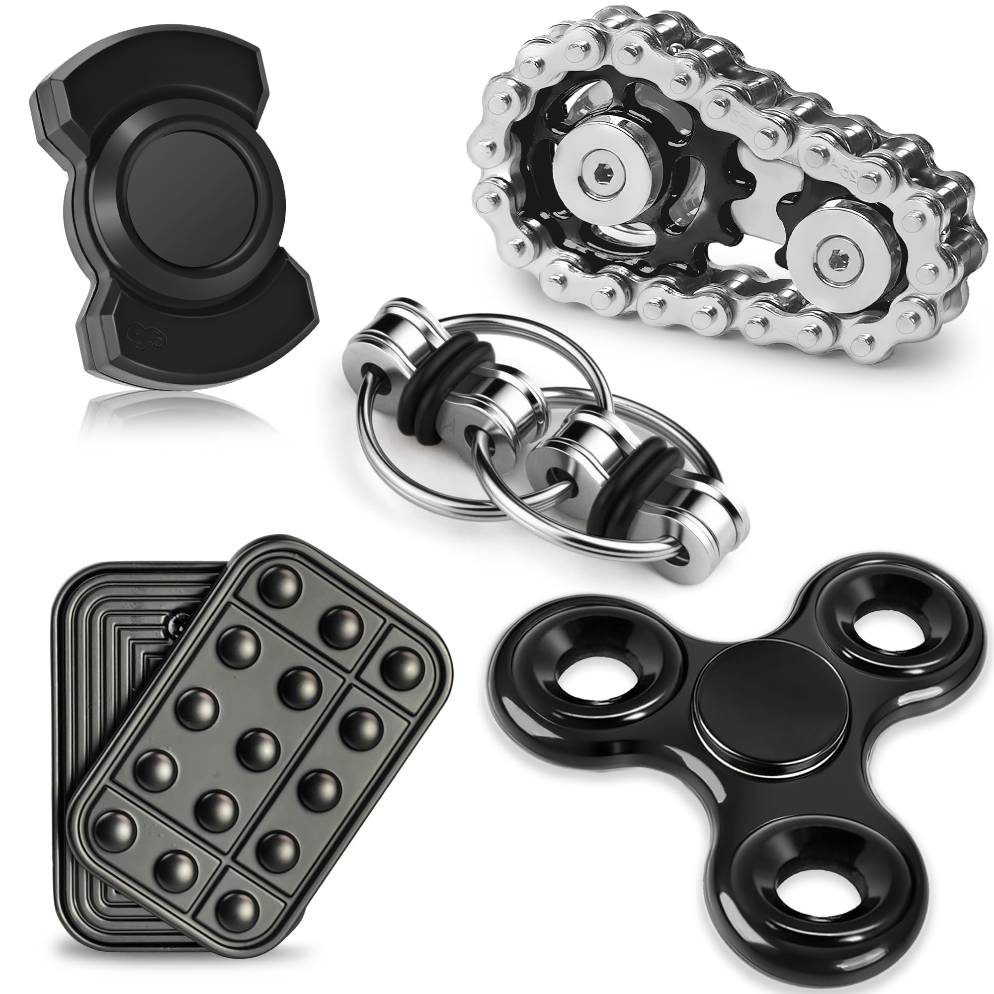 Chilvil frontal del pack de fidgets metálicos mostrando todos los accesorios y su durabilidad