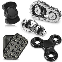 Chilvil frontal del pack de fidgets metálicos mostrando todos los accesorios y su durabilidad