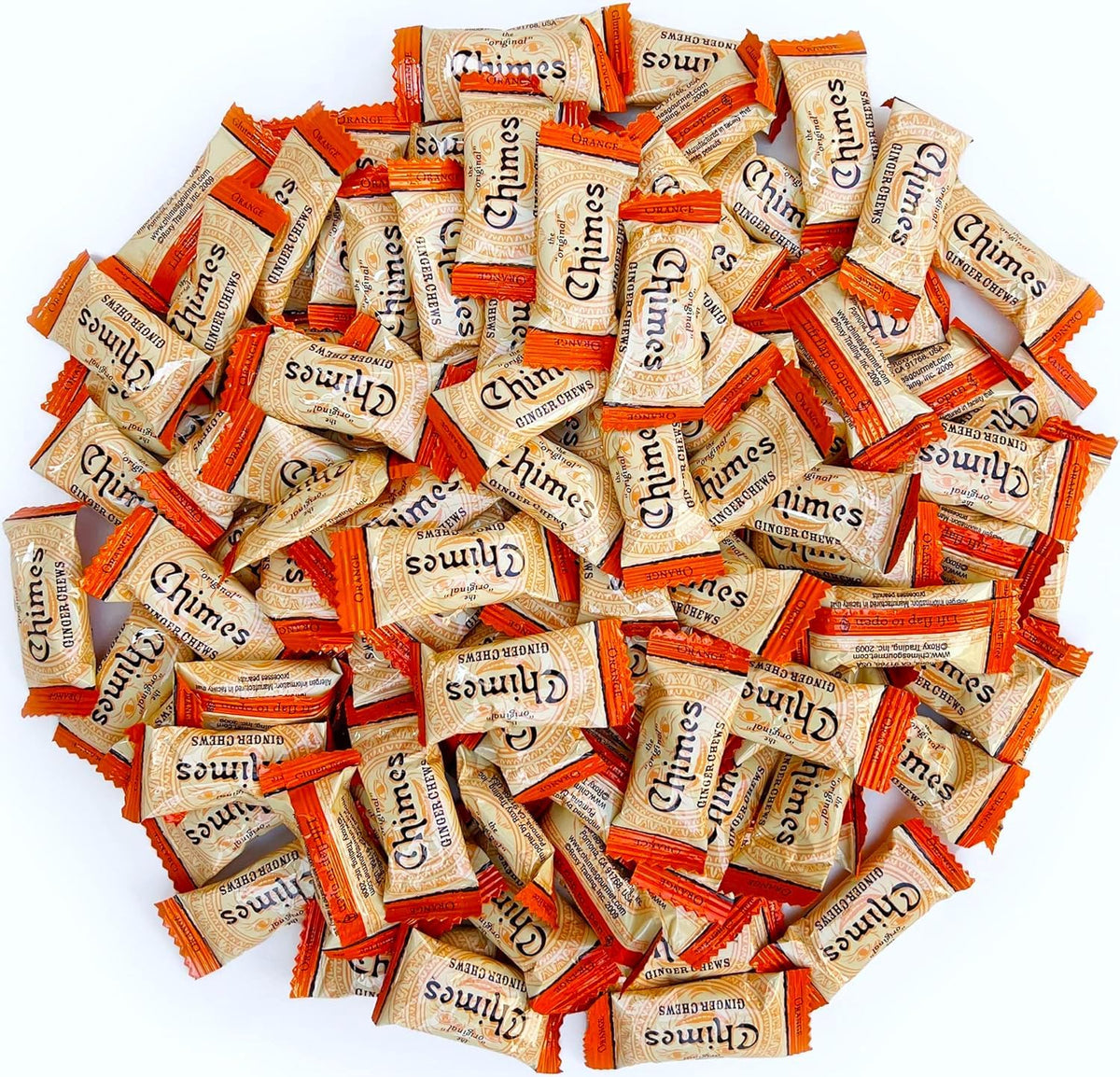 Chimes bolsa frontal mostrando caramelos naranja-jengibre y tamaño de paquete
