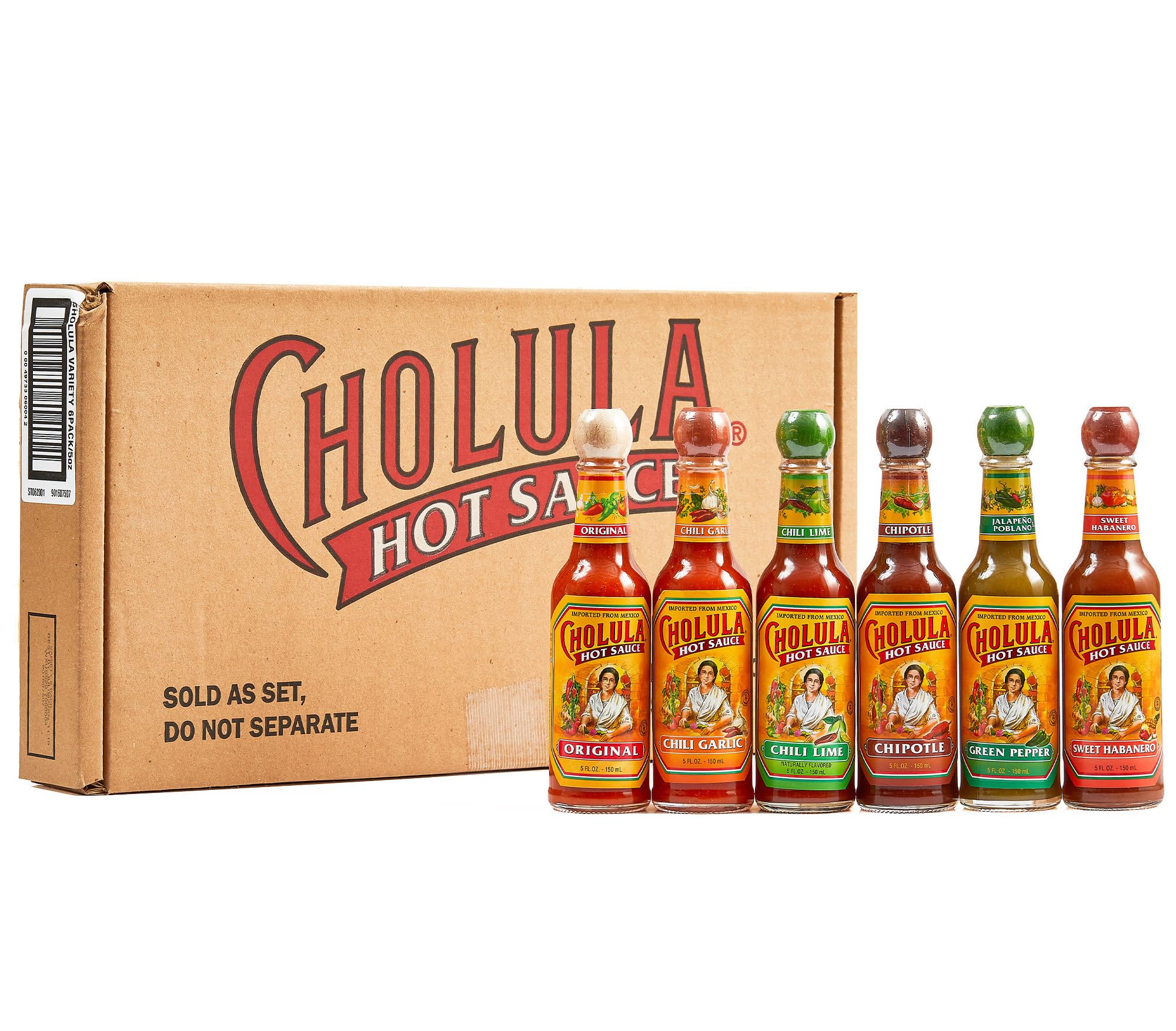 Cholula pack frontal mostrando las seis botellas y beneficios de variedad