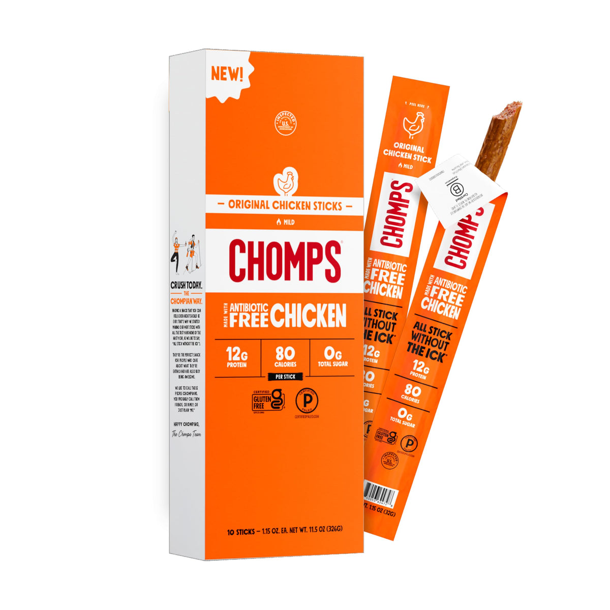Chomps frente del paquete mostrando 10ct y beneficios claros