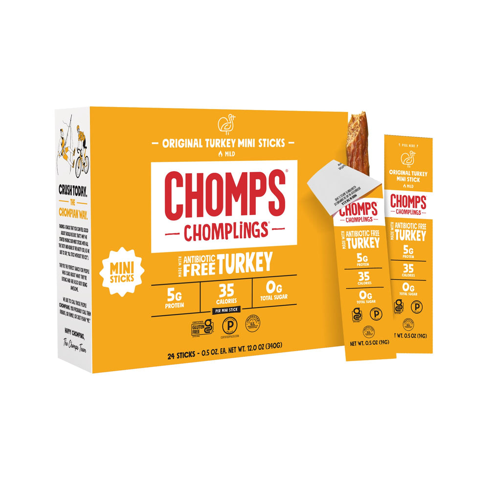 Chomps paquete frontal mostrando 24 palitos de pavo, conveniencia portátil