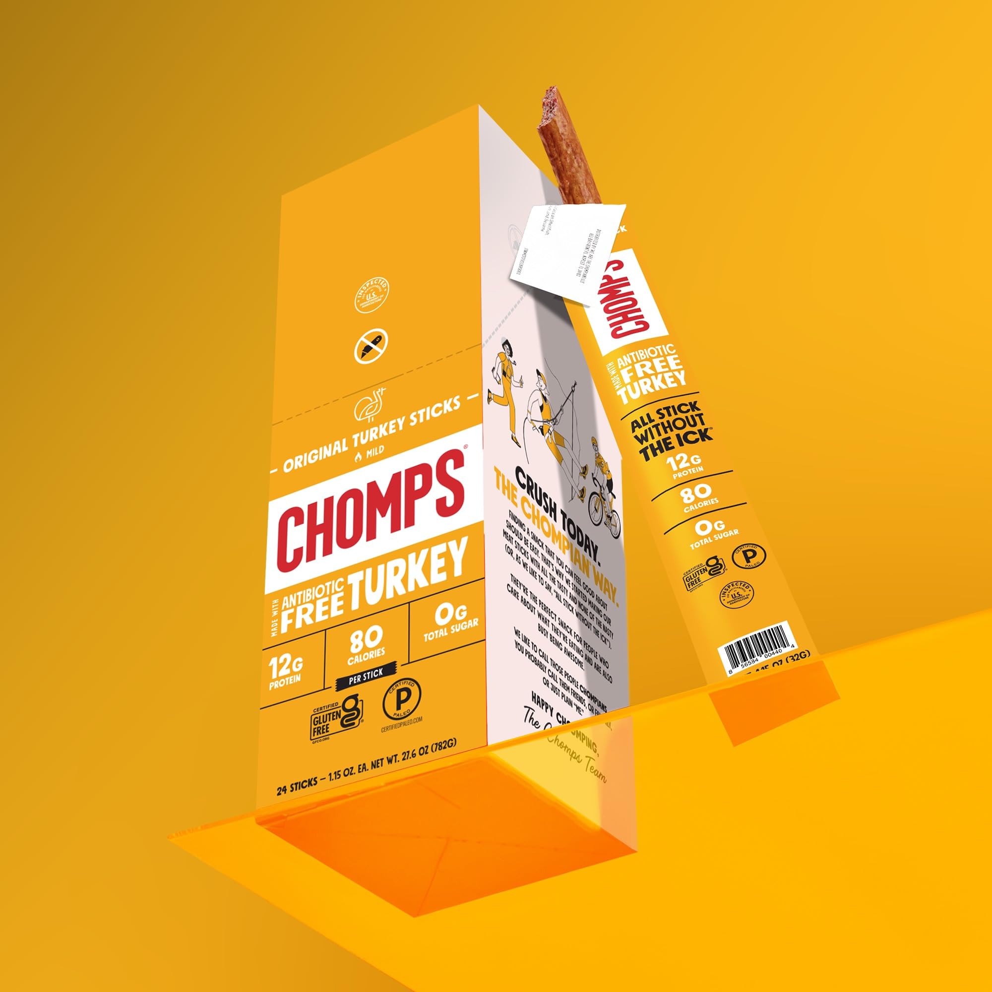 Chomps pavo etiqueta con certificaciones Paleo, Keto, Whole30 y sin gluten