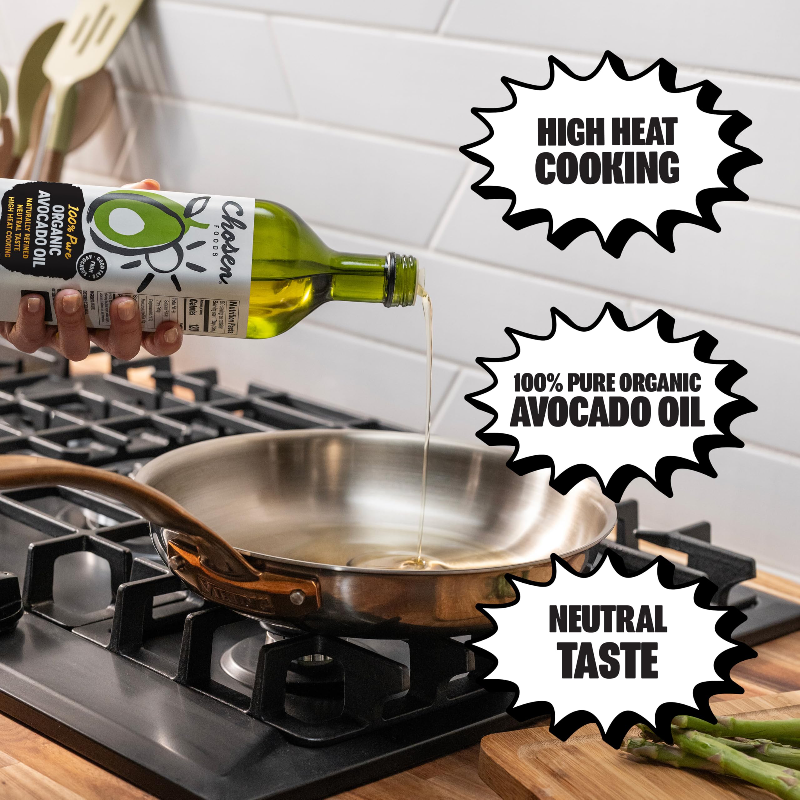 Chosen Foods botella junto a una regla para comparar tamaño 500 mL