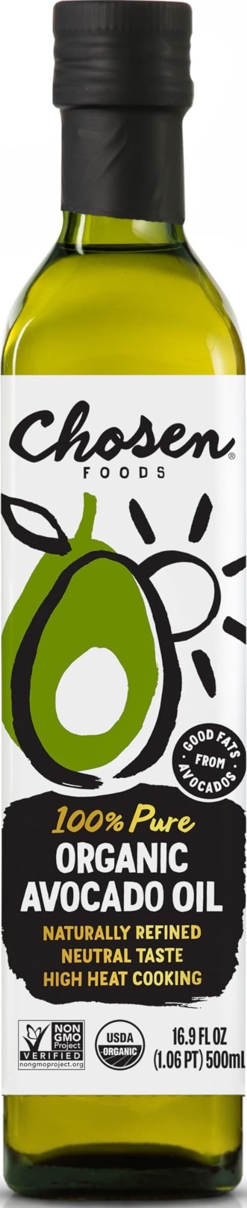 Chosen Foods botella frontal 500 mL mostrando diseño y sellos orgánicos